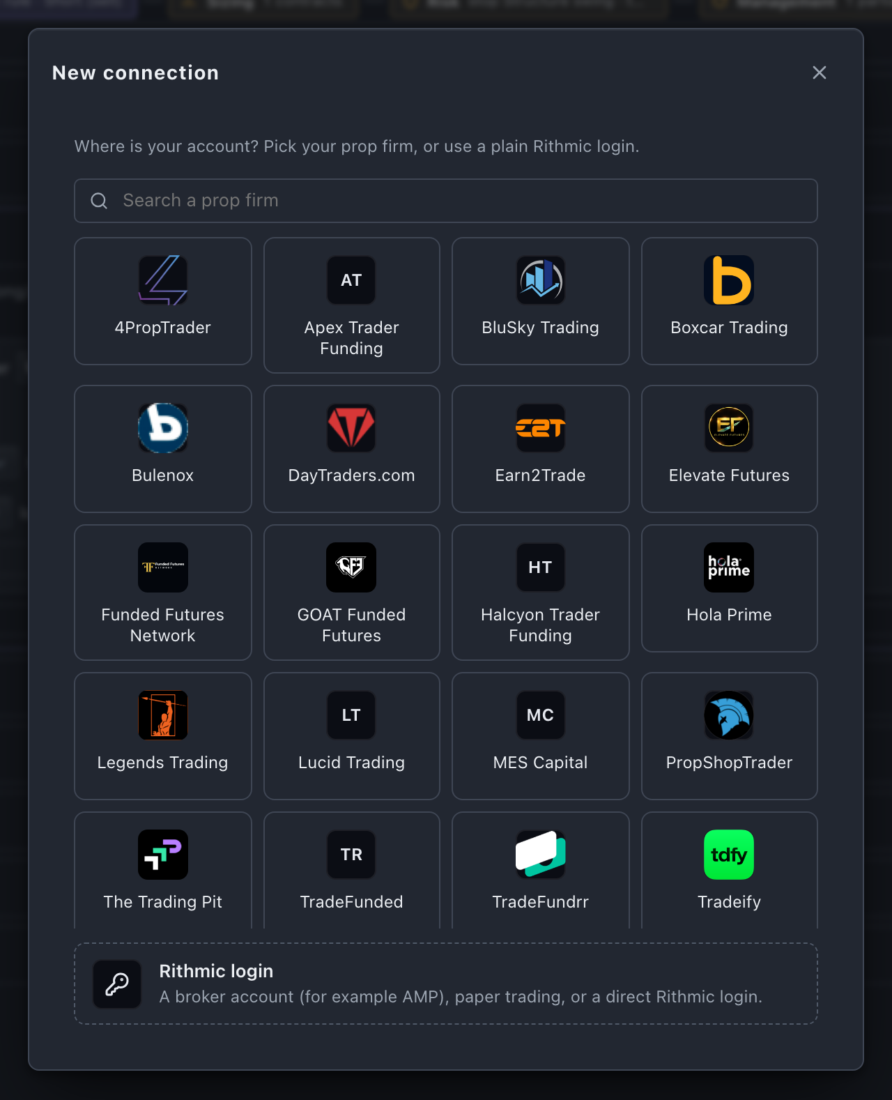 New connection: the grid of prop firms with their logos, and the Rithmic login below