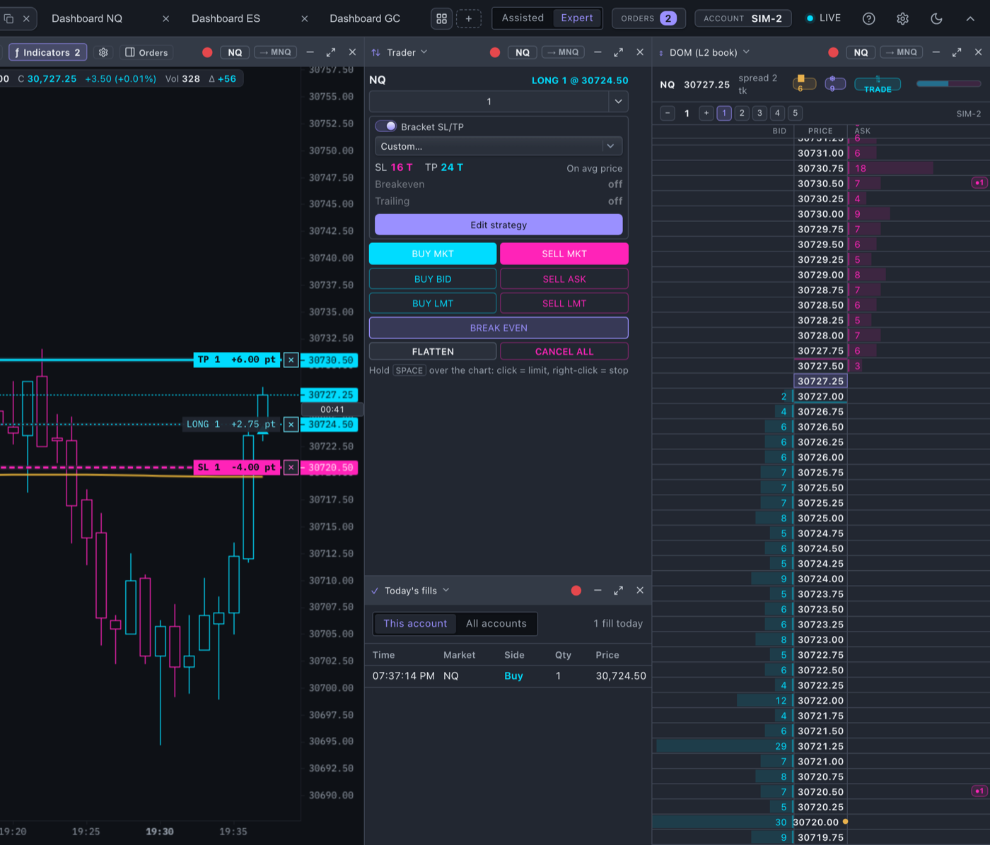 A simulated NQ long with its bracket: target and stop on the chart and on the DOM ladder in trade mode, beside the order panel and the fill